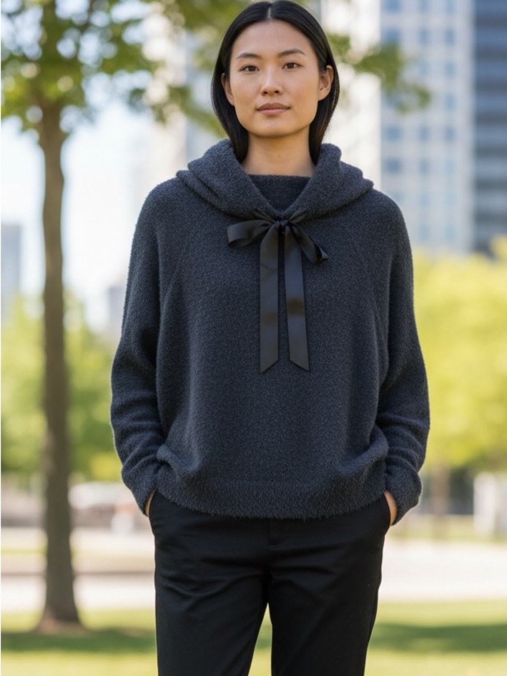 Olivia Sky Women’s Large Black Fuzzy Hooded Sweater Satin Bow Pullover